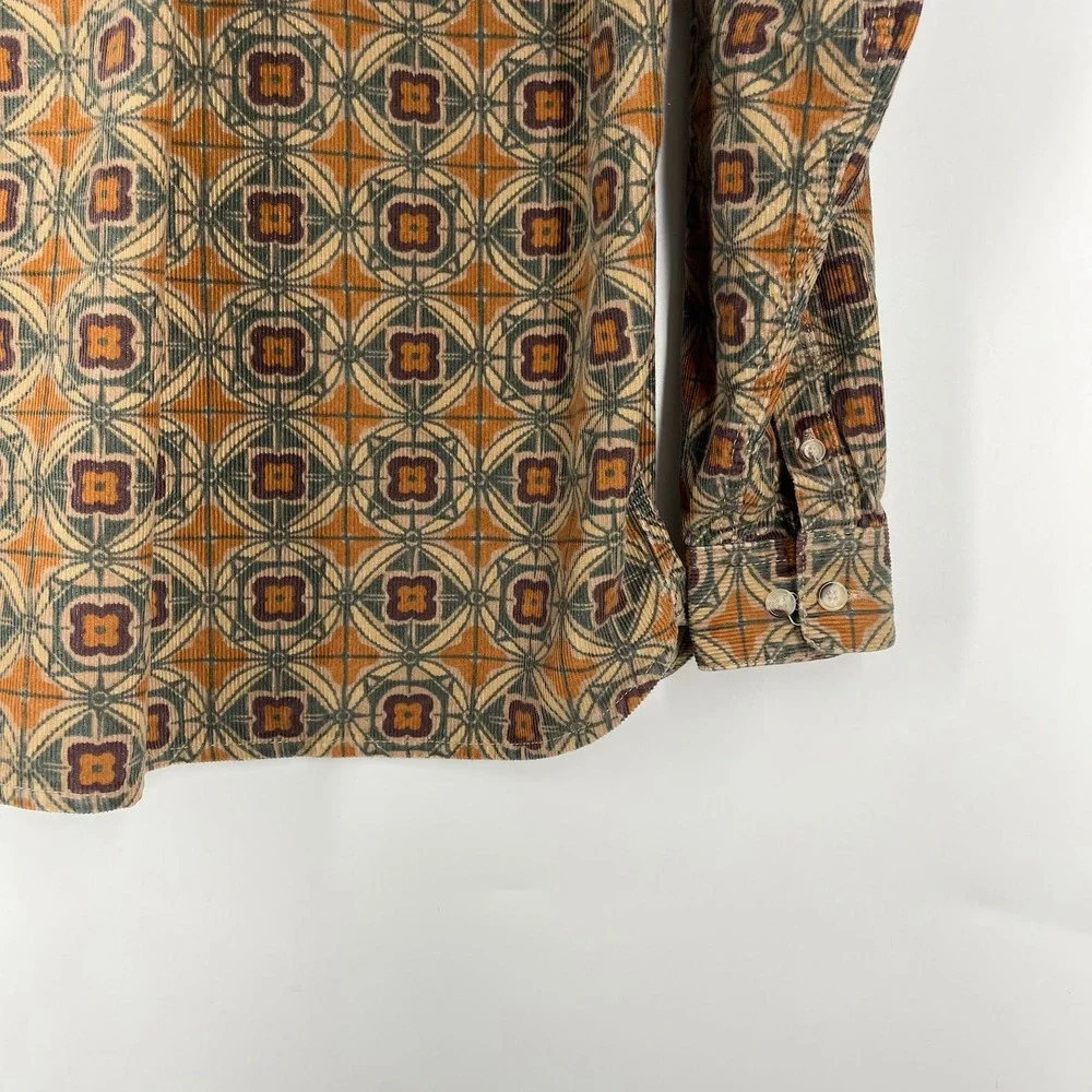 Urban Outfitters‎ Mens Corduroy Geometric Medallion Print Shirt Brown Tan Large